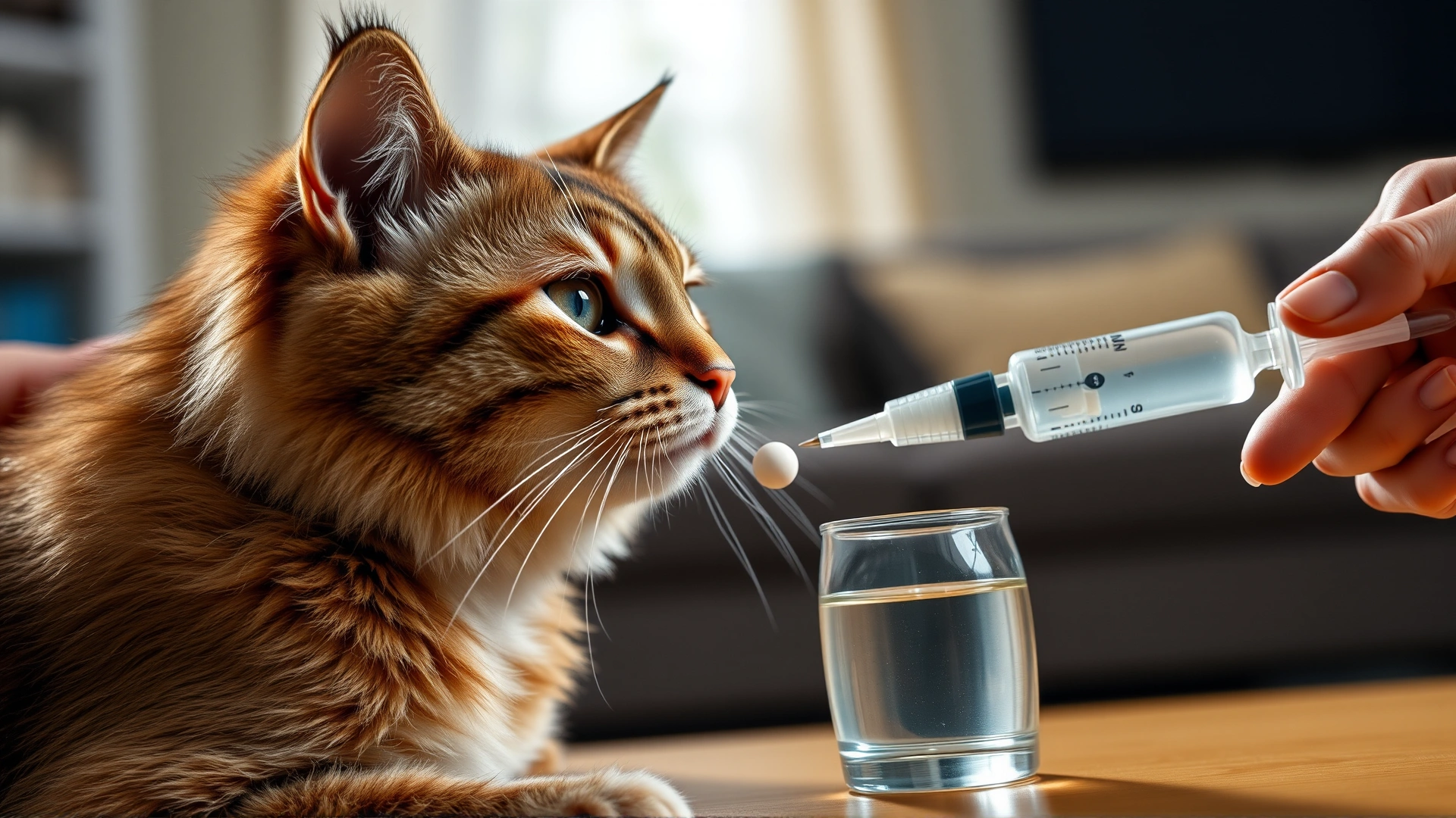Pet owner giving a cat a small pill followed by a syringe of water, bright living room environment.