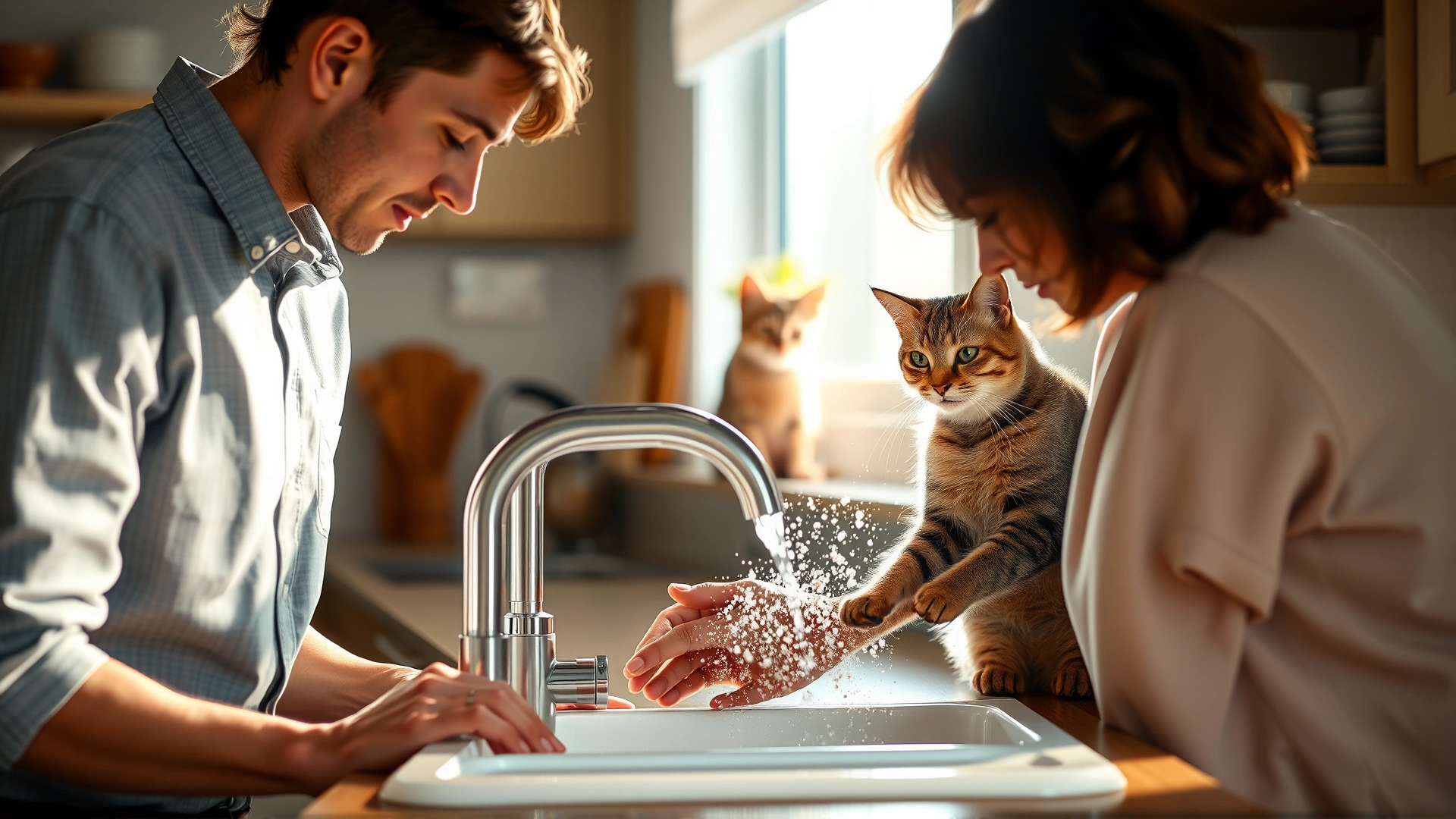 Pet owner washing hands at a sink, cat watching curiously from countertop in the background, natural kitchen lighting