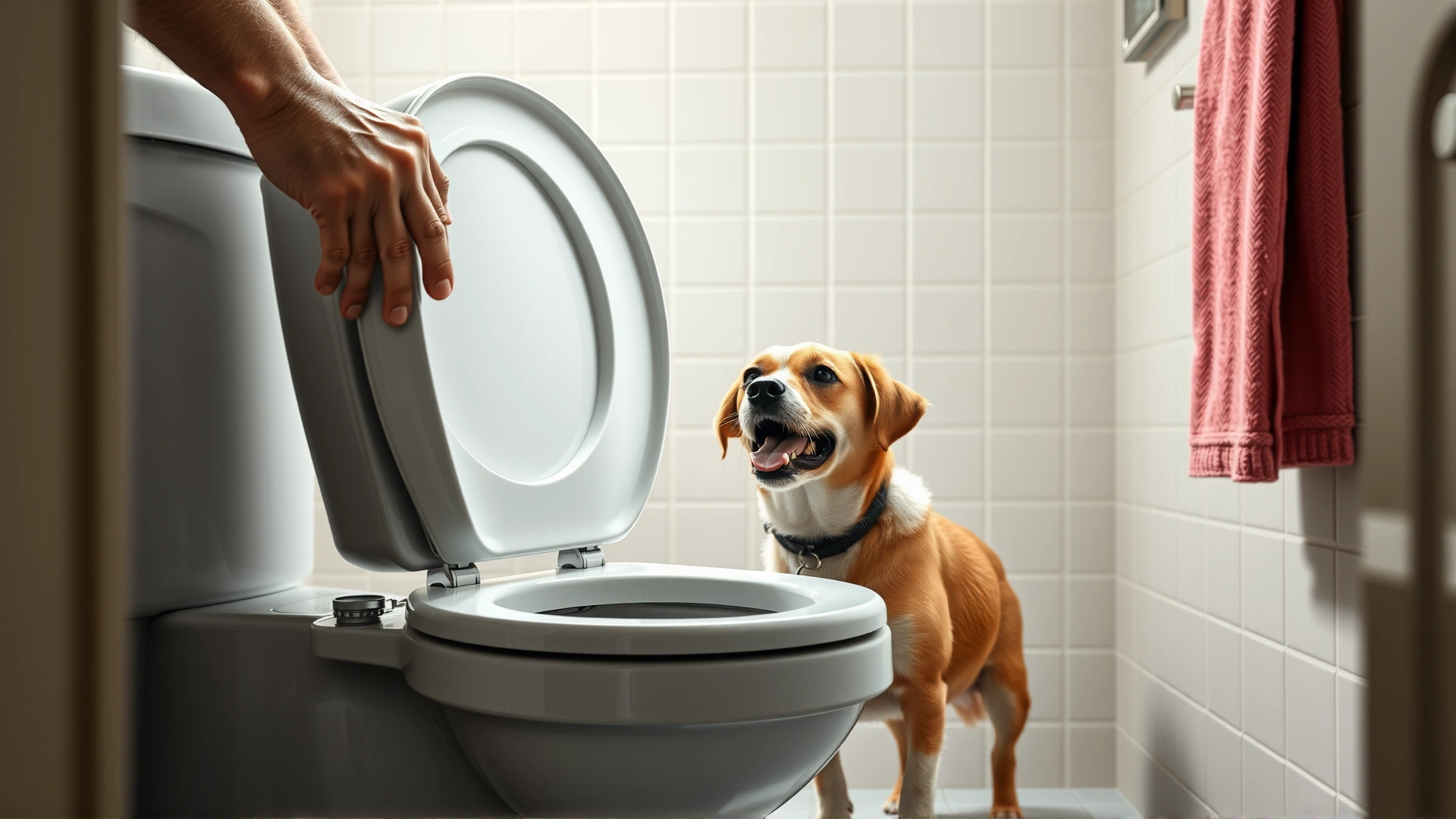 Pet owner gently closing a toilet lid while a dog watches curiously, bright bathroom setting.