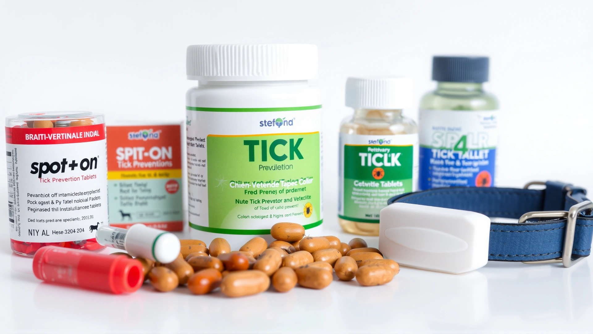 Photo of assorted veterinary tick prevention products such as spot-on pipettes, chewable tablets, and a tick collar on a white background with no branding visible