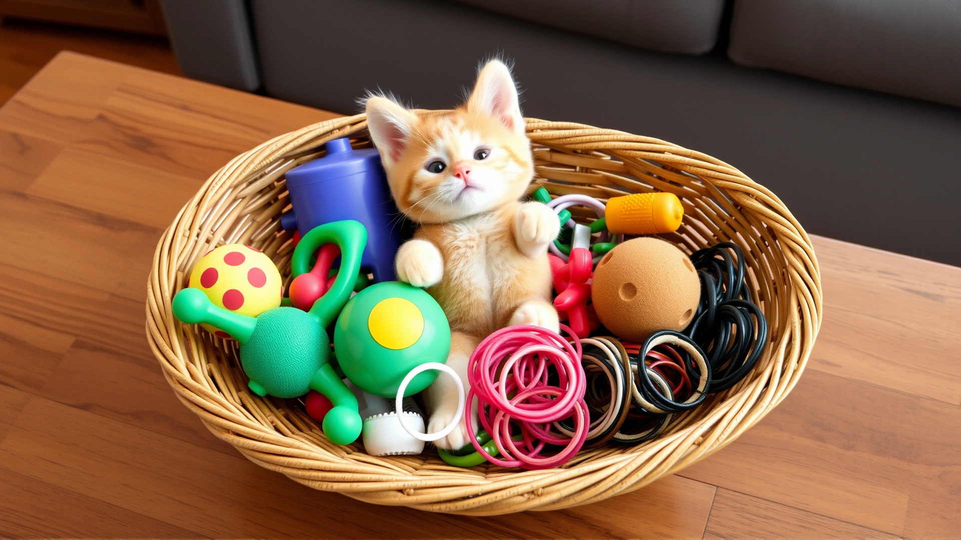 Basket of safe cat toys placed beside removed hazardous household items such as rubber bands and hair ties on a coffee table.