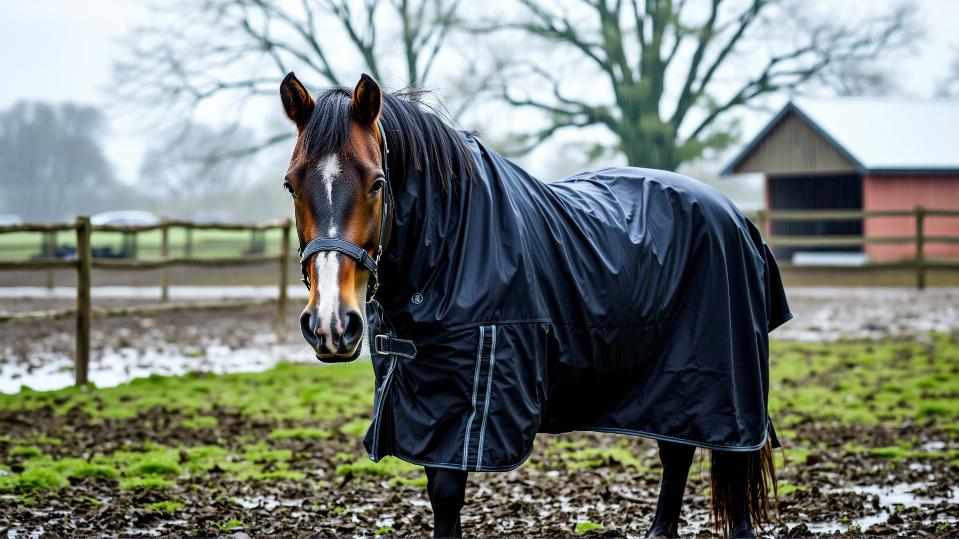 Horse wearing a waterproof turnout sheet in a muddy paddock during light rainfall, illustrating preventive measures.