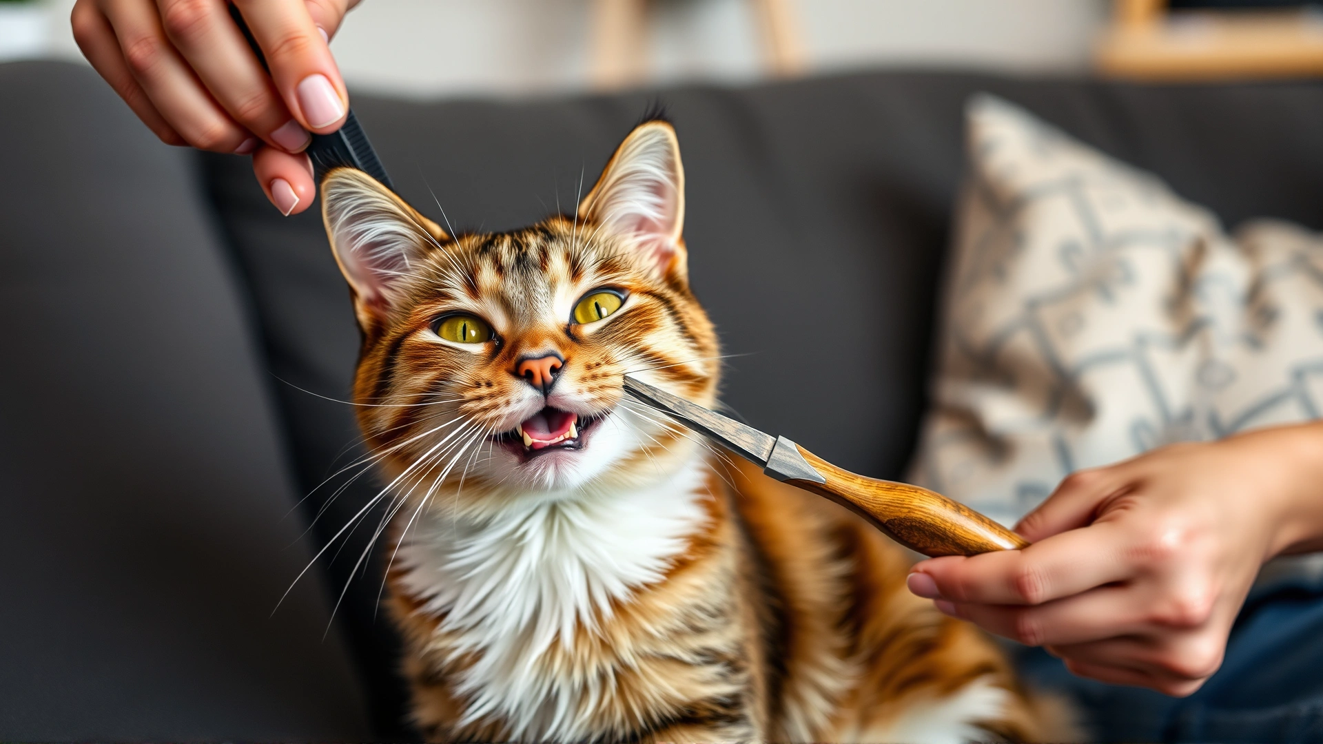 Happy cat being groomed with a fine-tooth comb by its owner on a sofa, cozy living room atmosphere.