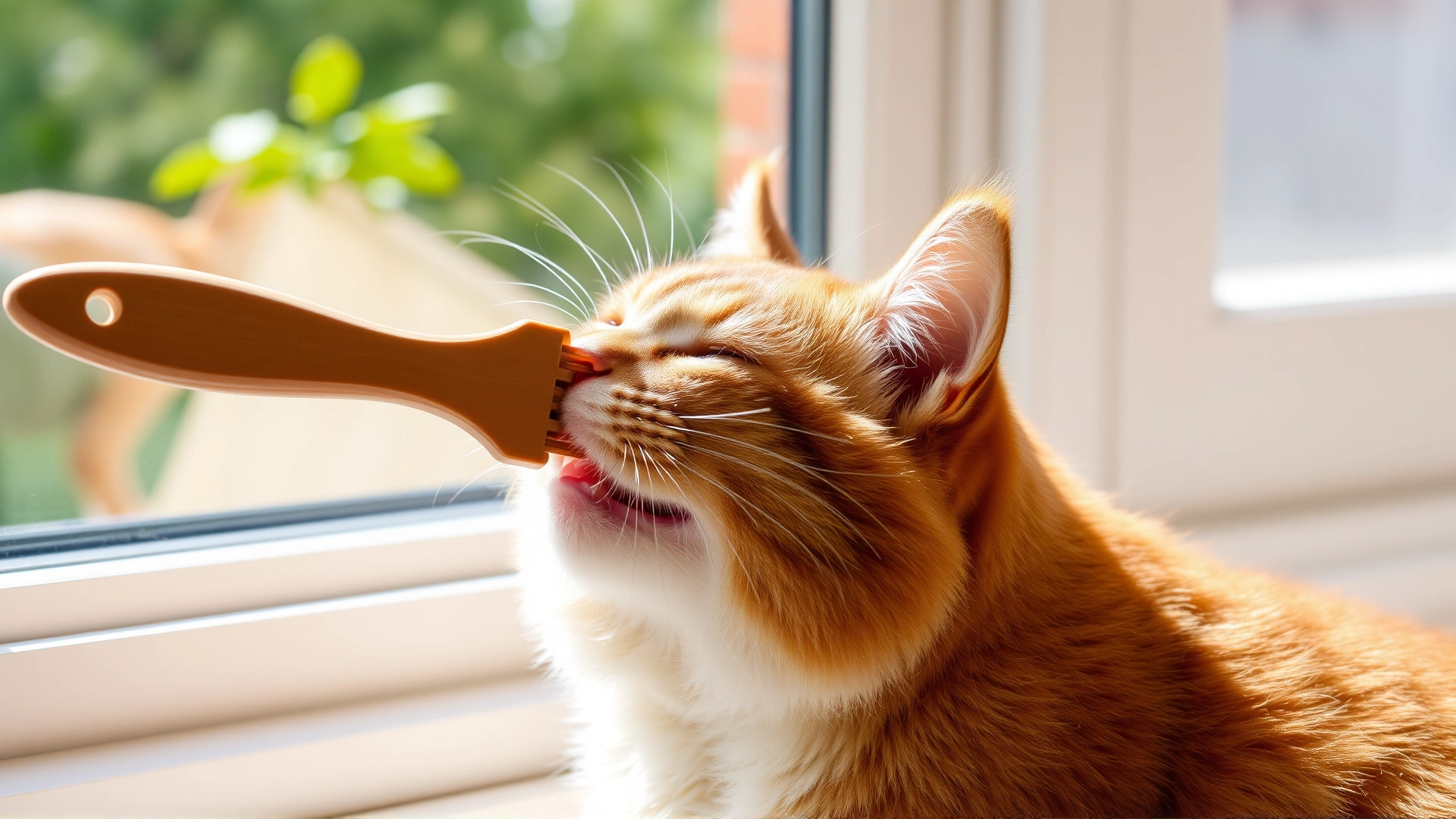 Healthy playful cat being brushed with flea comb on sunny windowsill
