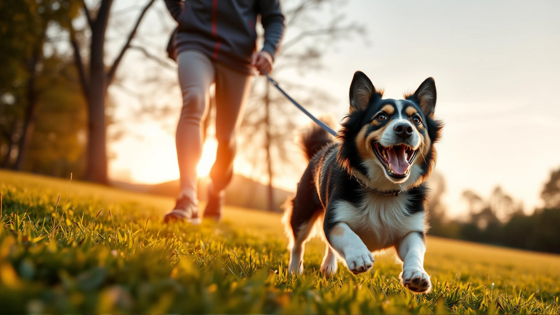 Happy active dog running alongside its owner in a grassy park during sunset, symbolizing health and prevention.