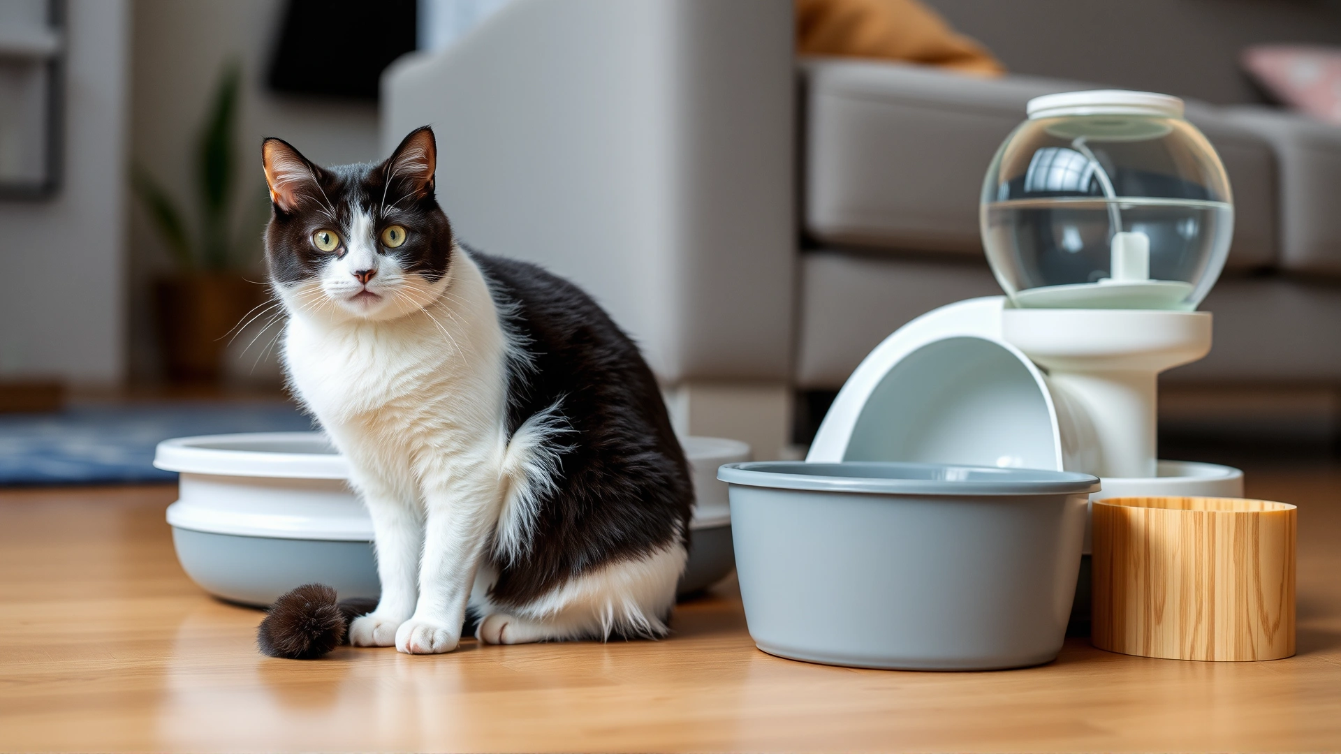 Senior black and white cat sitting next to a clean litter box and a water fountain, cozy living room setting