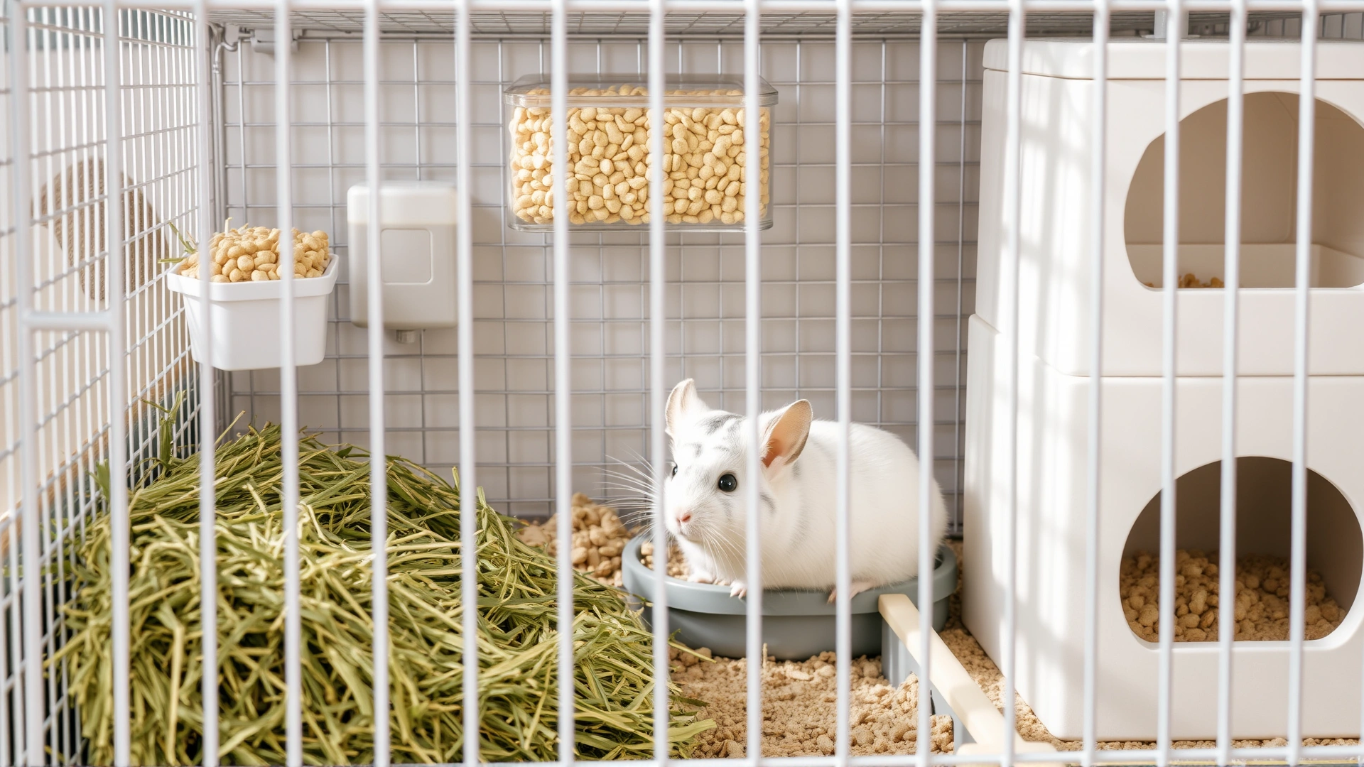 Organized chinchilla cage setup showing fresh hay, quality pellets, clean water bottle, and hiding boxes, bright and clean environment