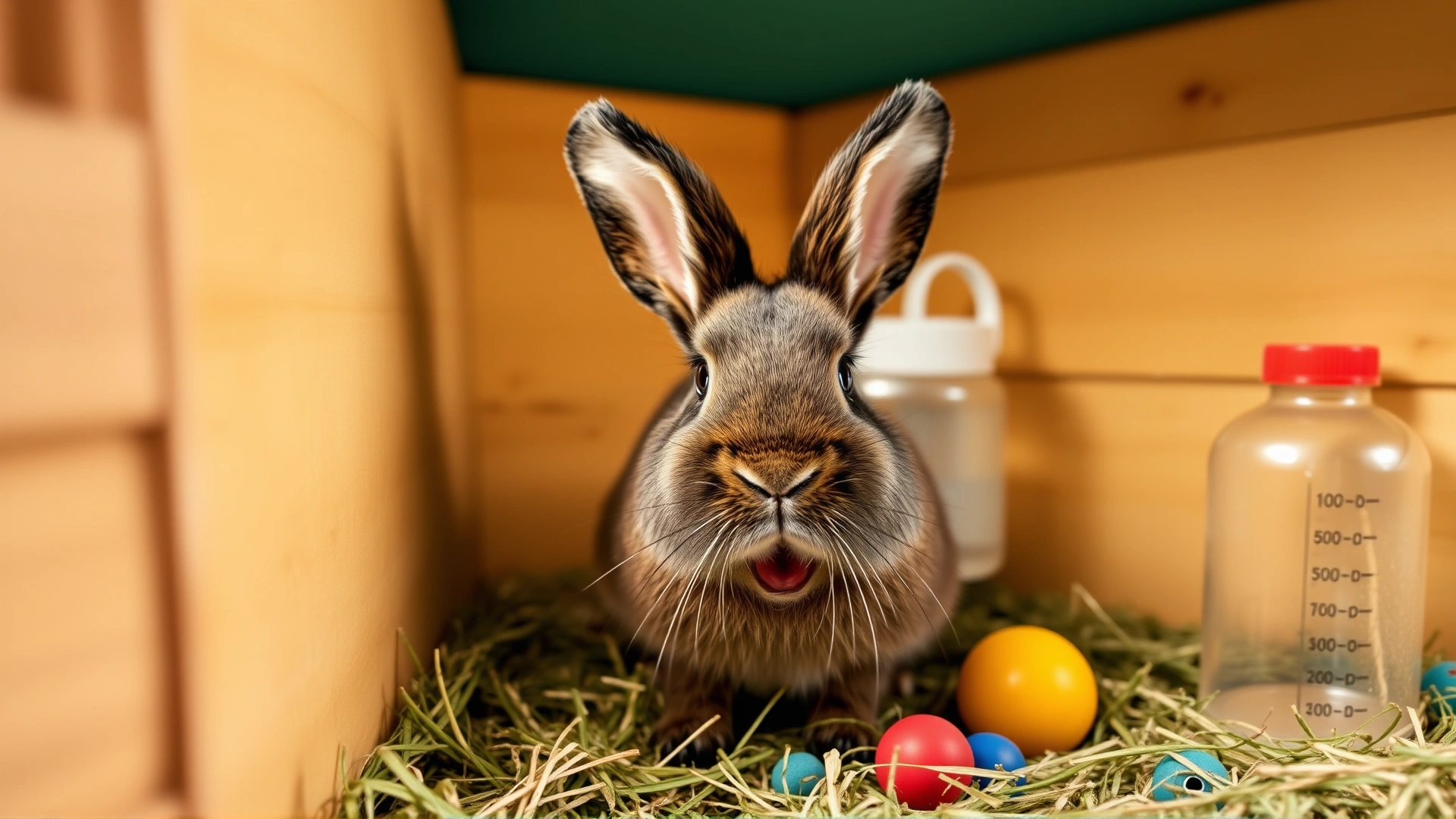 Happy rabbit inside a spacious clean hutch with fresh hay, water bottle, and toys, bright lighting.