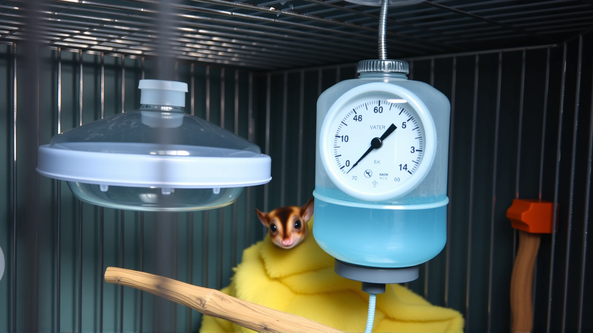 Interior shot of a well-maintained sugar glider cage showing proper water bottle, temperature/humidity gauge, and clean environment