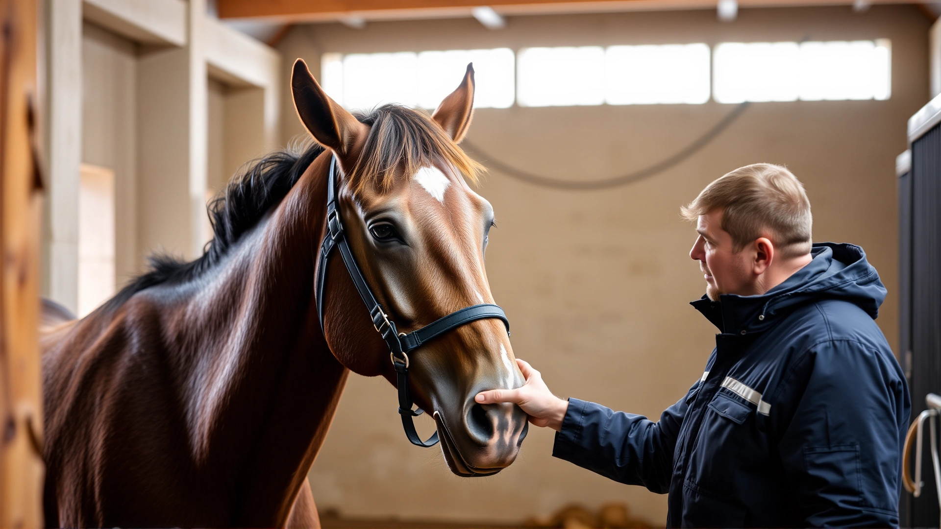 Horse owner gently brushing a horse's back inside a stable representing daily preventive care.