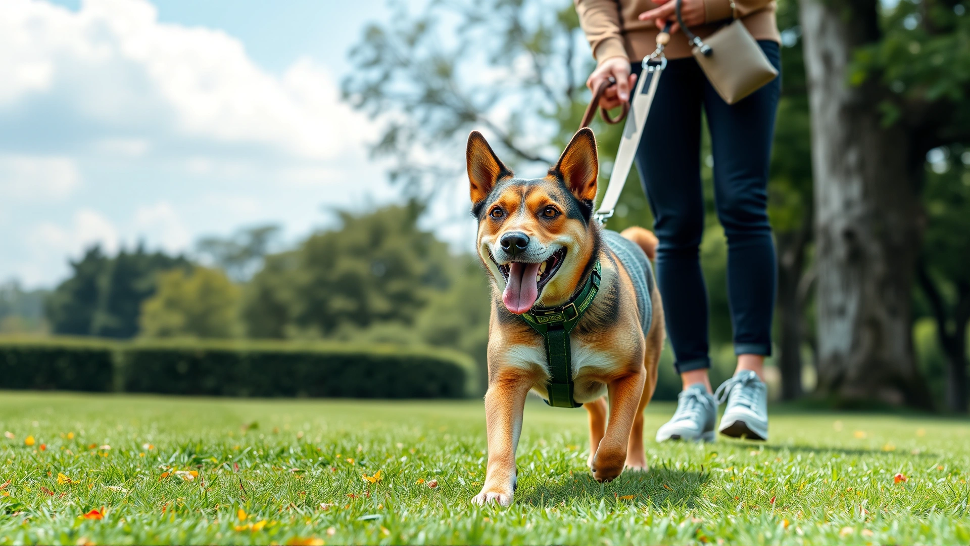 Happy dog walking in a green park on a leash with owner carrying a pouch of dog-safe treats