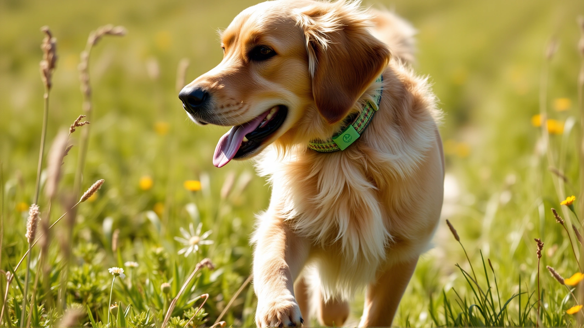 Outdoor image of a golden retriever wearing a tick prevention collar running through a sunny meadow