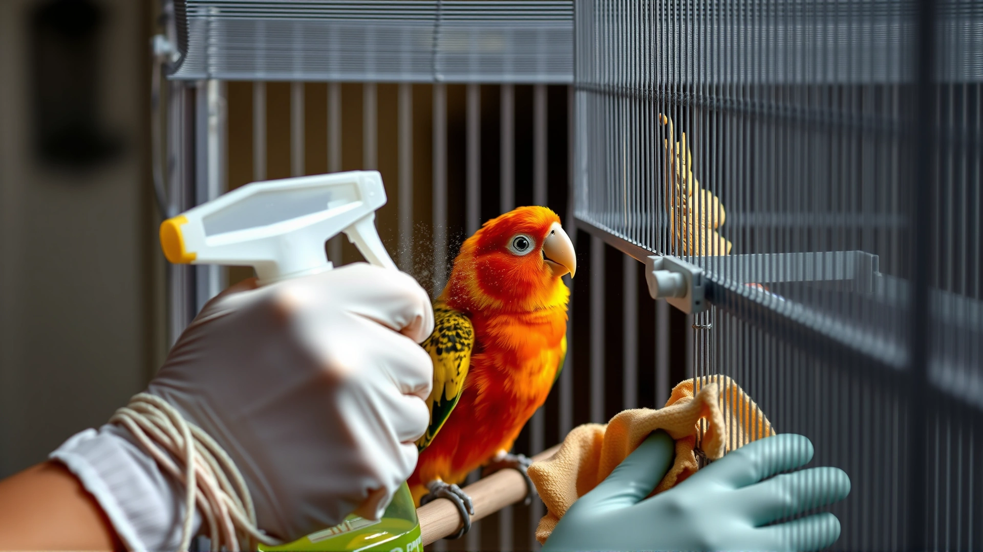Bird owner wearing gloves while cleaning and disinfecting a bird cage with a spray bottle and cloth, emphasizing hygiene practices