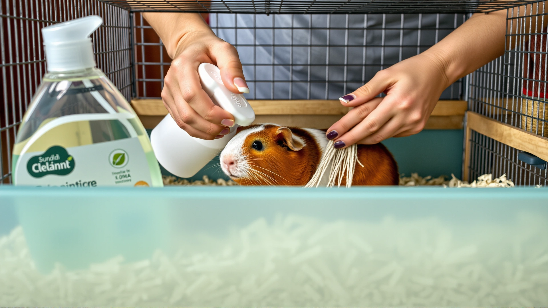 Image showing a person cleaning a guinea pig cage with eco-friendly disinfectant and adding fresh bedding
