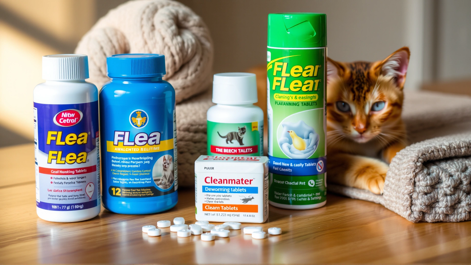 Neatly arranged flea control products, deworming tablets, and clean cat bedding on a wooden surface under warm lighting, symbolizing prevention steps.