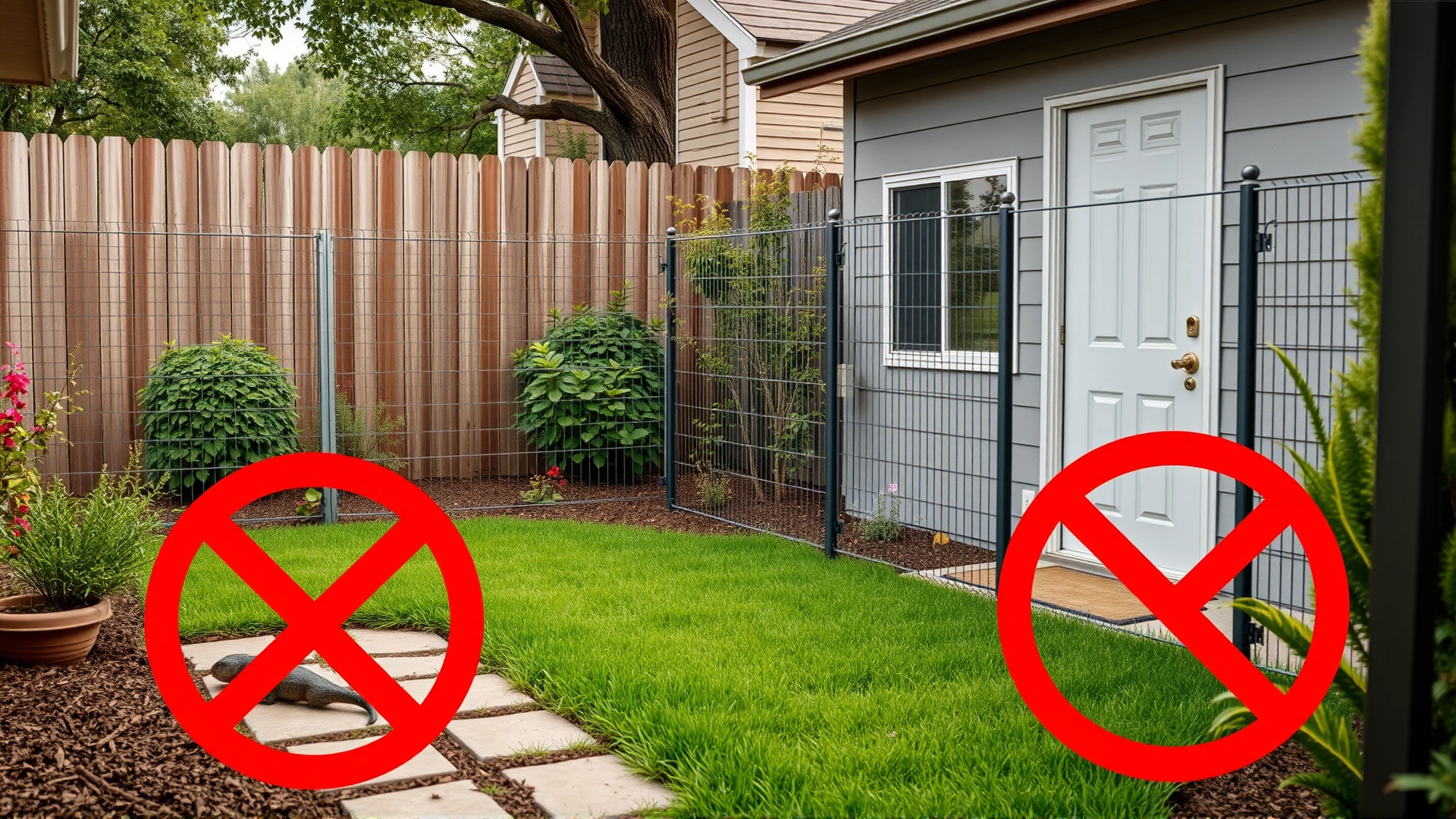 Backyard setting with a secure, cat-proof fence and tidy landscaping, no lizards visible, symbolizing preventive measures