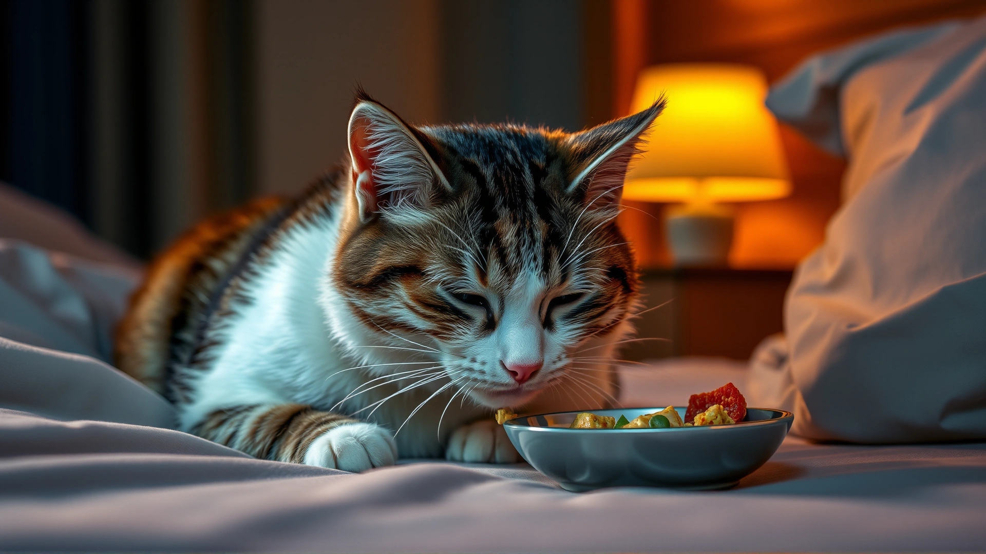 Evening scene of a cat peacefully eating a late-night snack from a small dish near its bed, warm lighting.