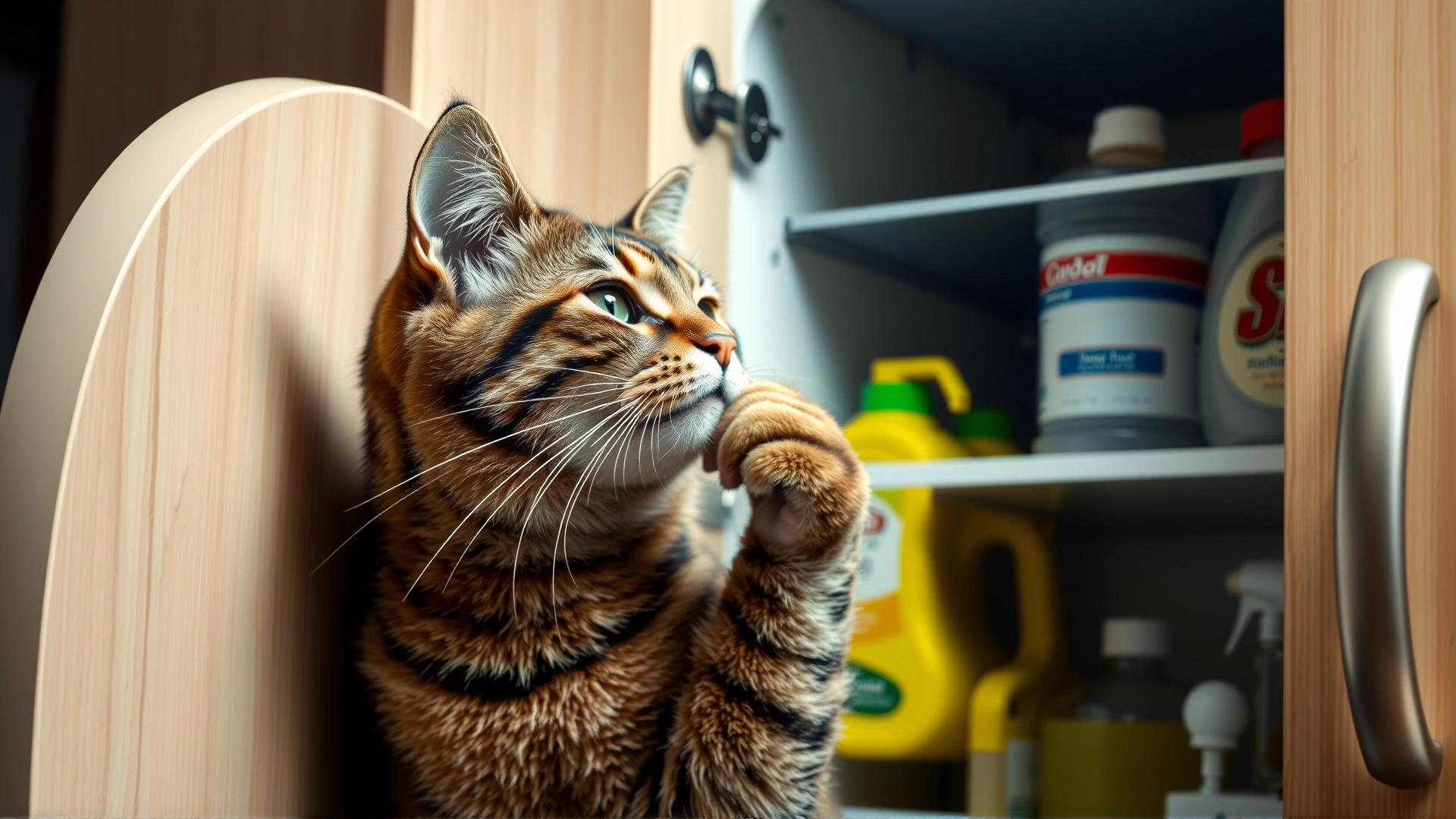Cat owner locking a high cabinet door that contains household chemicals, conveying preventive action.