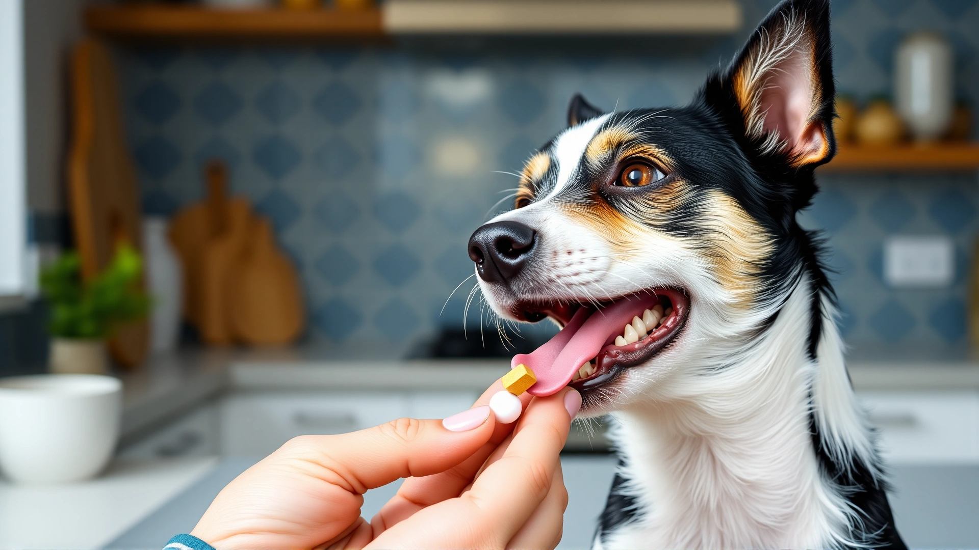 Smiling small terrier happily accepting a chewable flea preventive tablet from owner’s hand, bright kitchen setting