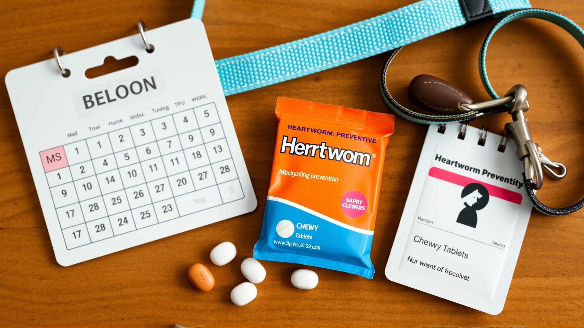 Flat lay of various heartworm preventive medication packages and chewable tablets next to a calendar and a leash, no text