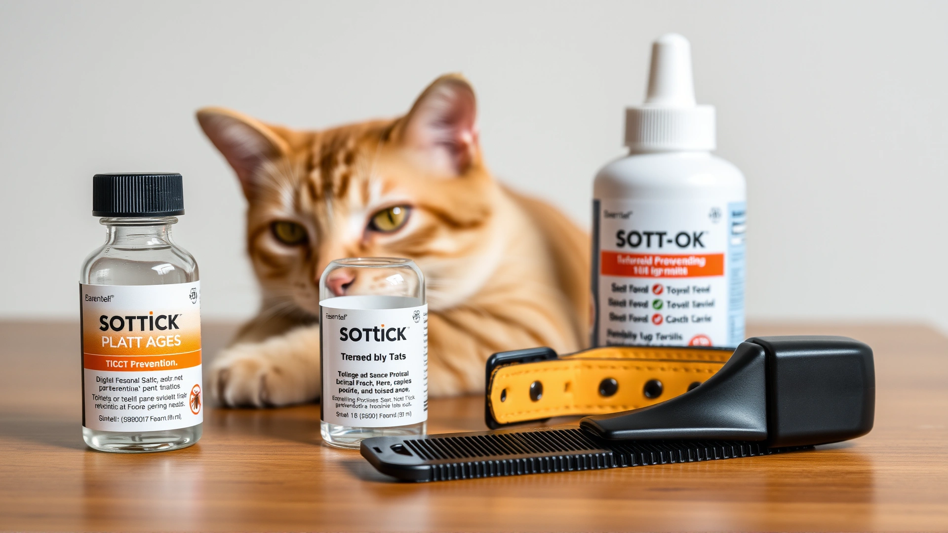 Collection of cat tick prevention products—spot-on vials, a tick collar, and a grooming comb—neatly arranged on a wooden table, neutral background, no text.