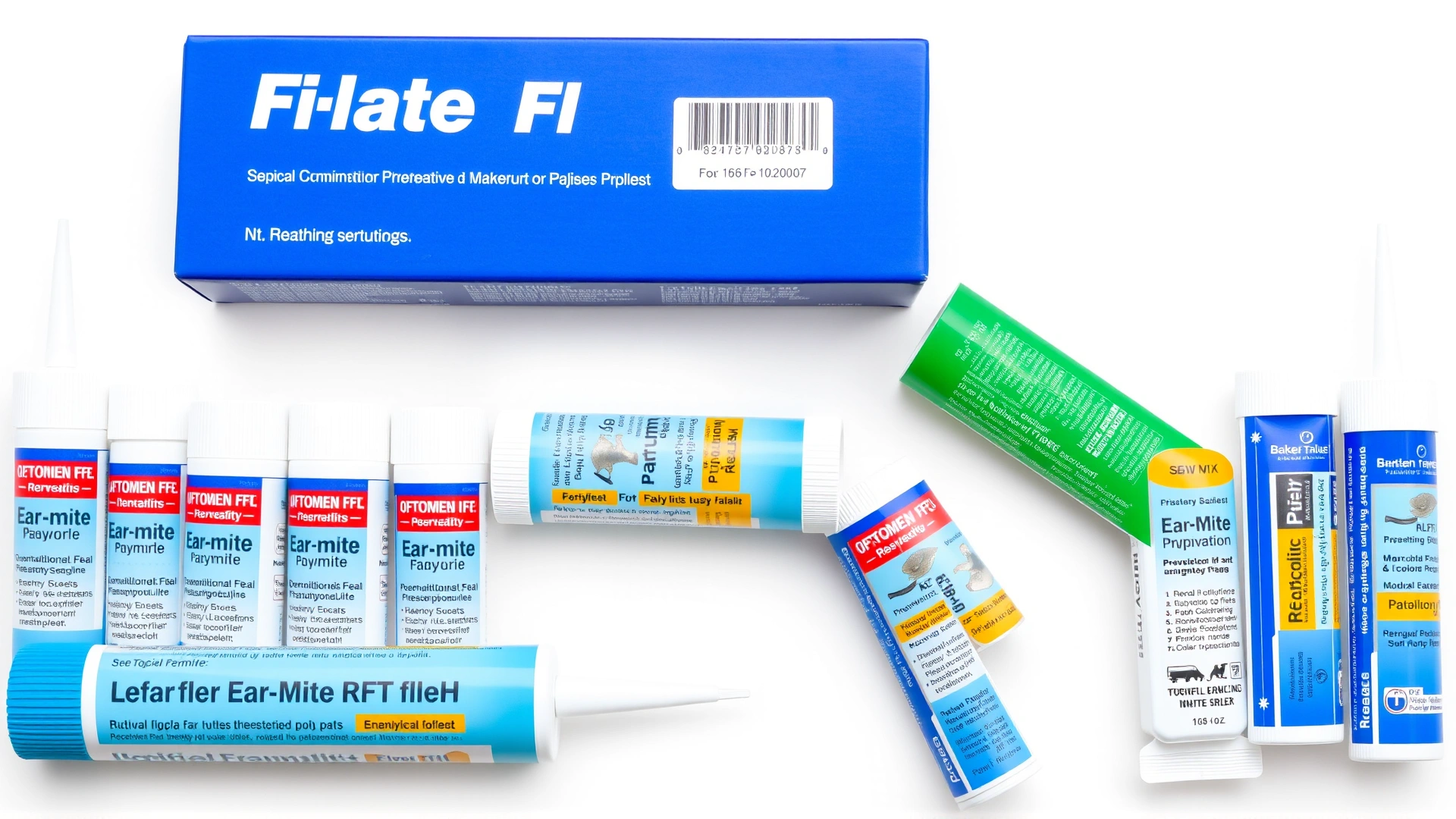 Neatly arranged assortment of topical flea and ear-mite prevention pipette tubes for cats on a plain white background