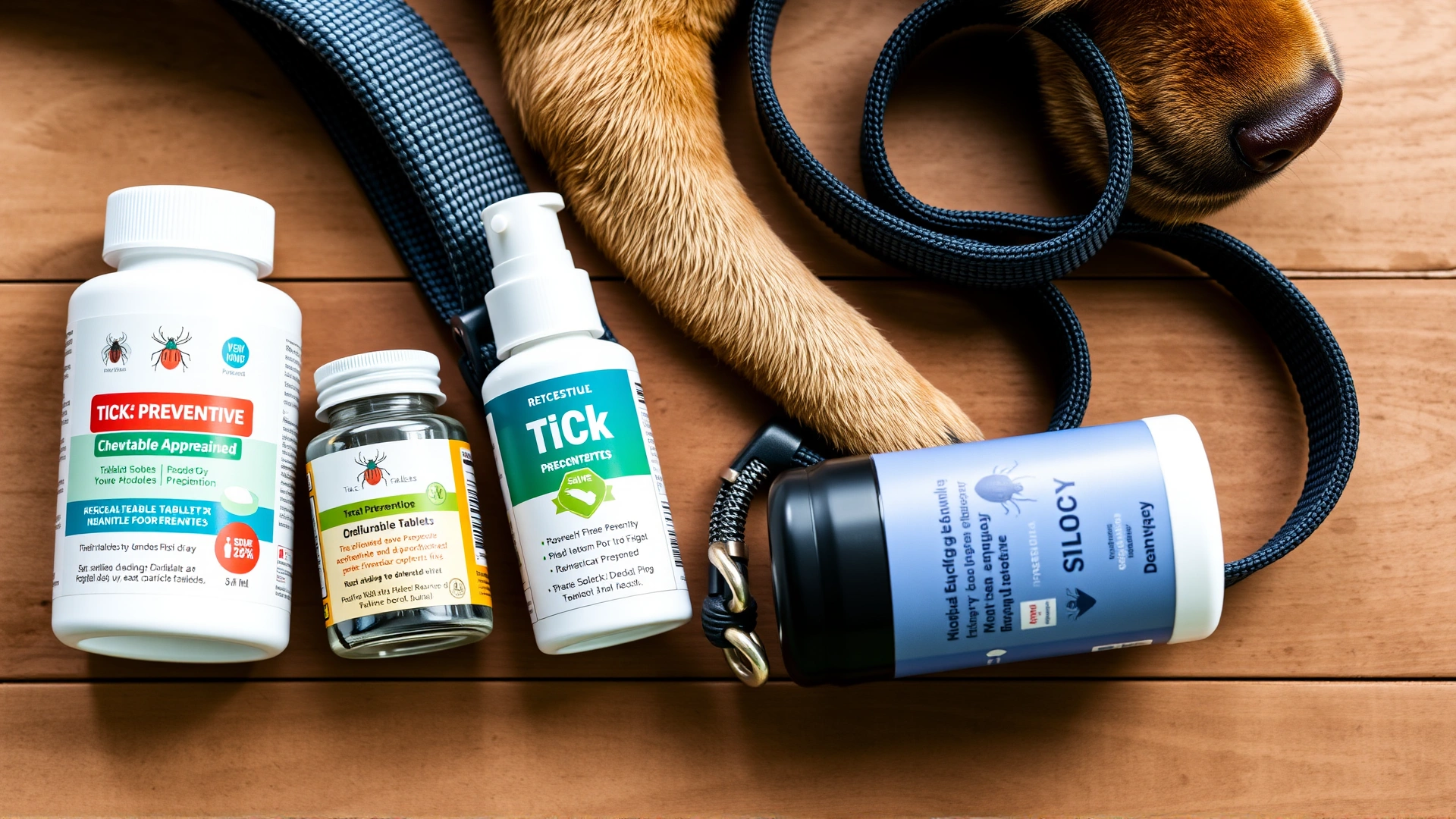 Flat lay image of various veterinarian-approved tick preventive products: chewable tablets, topical pipette, tick collar, and spray bottle arranged neatly on a wooden surface beside a dog leash, soft natural light, no text.