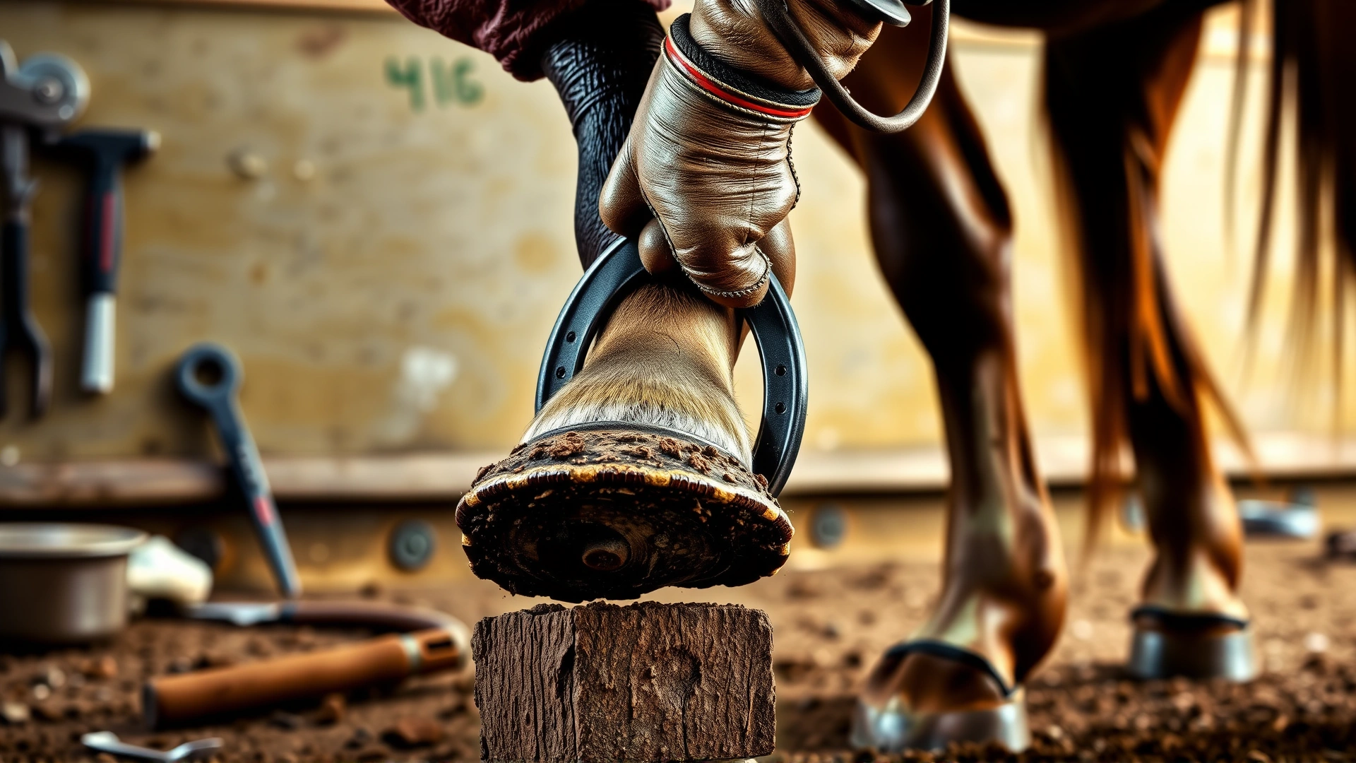 Farrier fitting a properly balanced horseshoe onto a horse's hoof, with tools visible in the background.