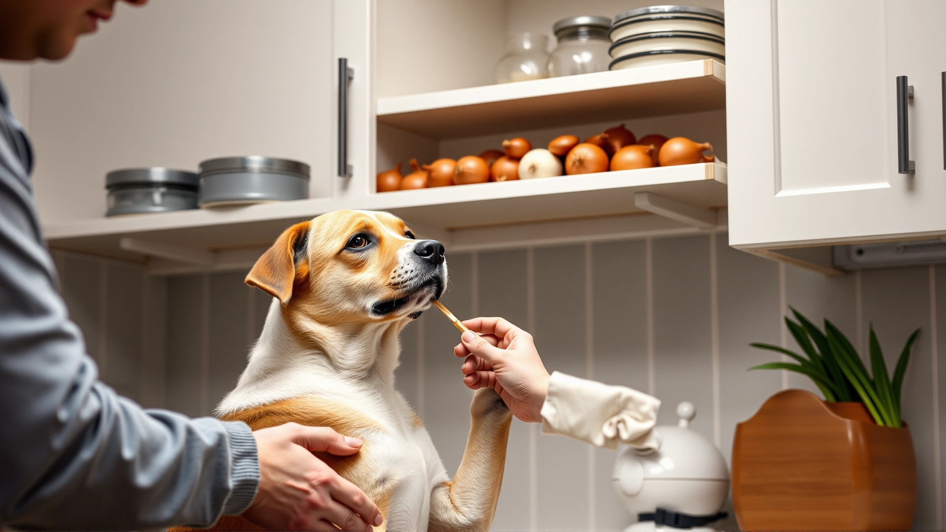 Dog owner placing onions on a high kitchen shelf out of pet's reach, demonstrating preventive action.