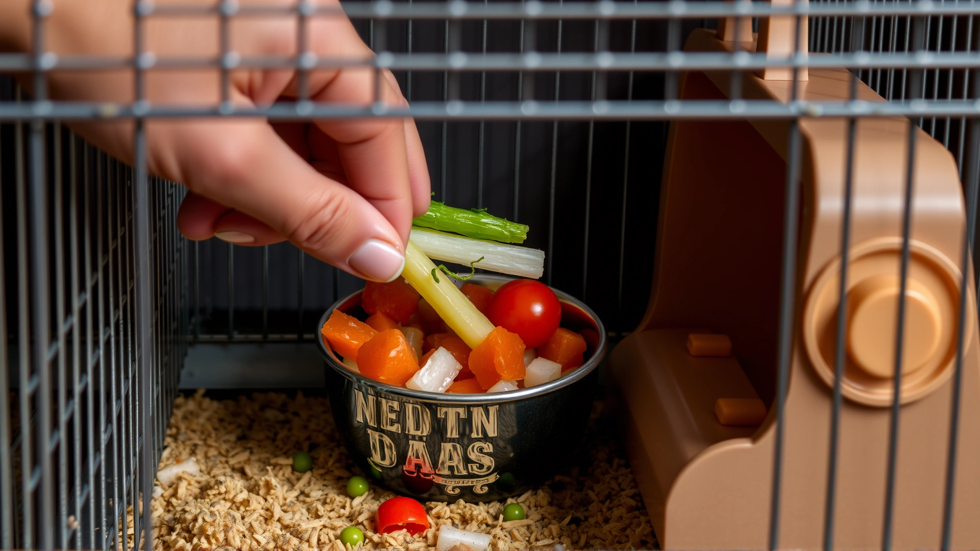 Hand gently placing fresh vegetables into a small food bowl inside a hamster cage