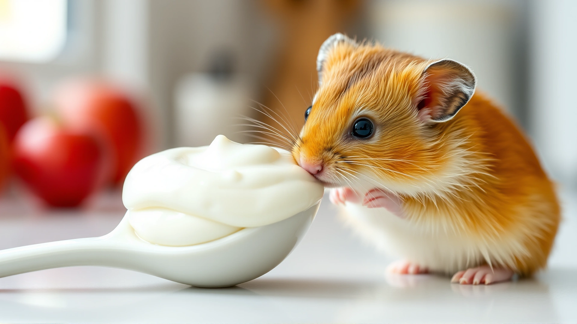Small white ceramic spoon with a dab of plain yogurt next to a curious hamster sniffing it, natural kitchen lighting