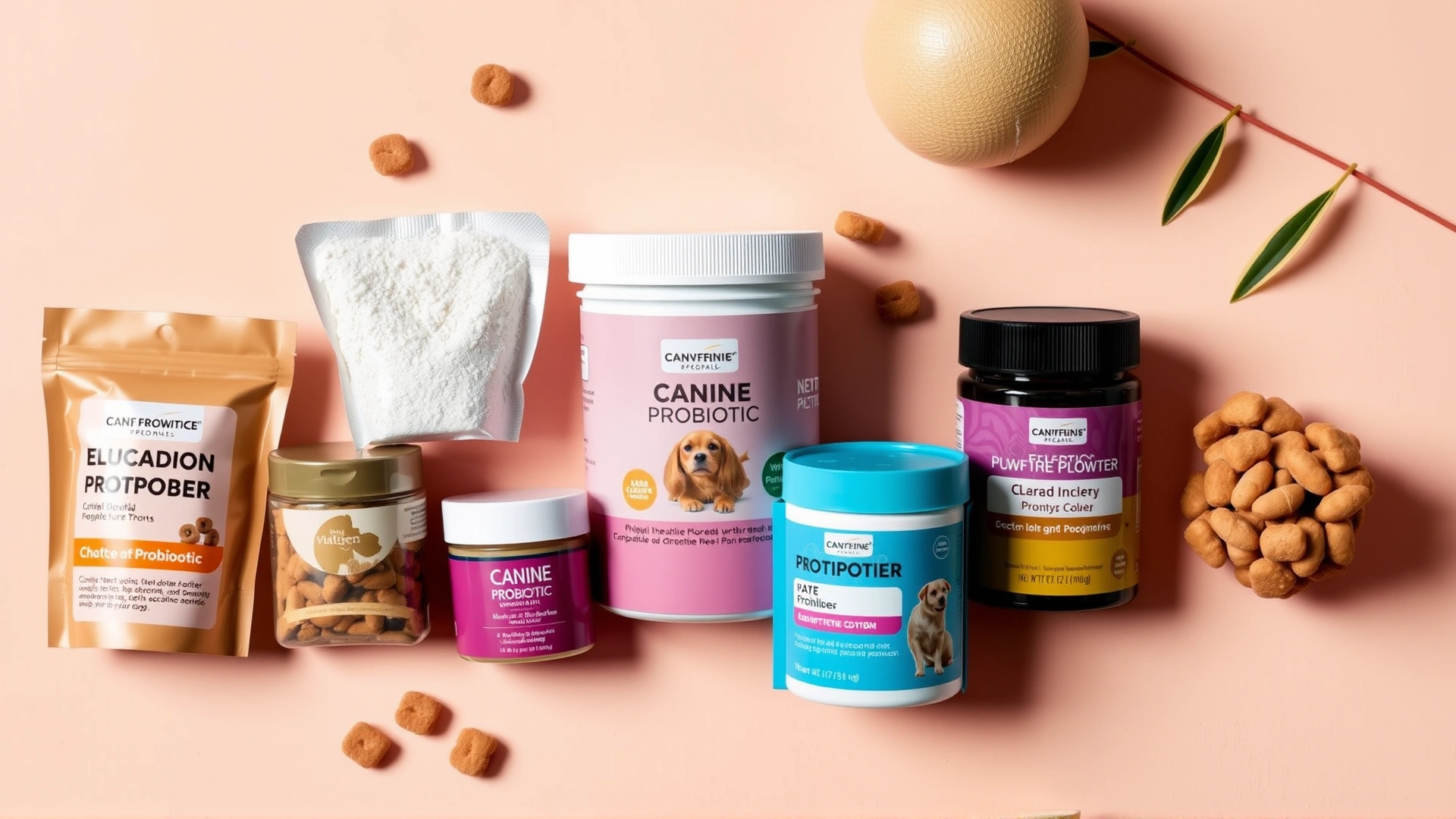 Flat lay of various canine probiotic products—powder sachets, chewable tablets, soft chews—arranged neatly on a pastel background.