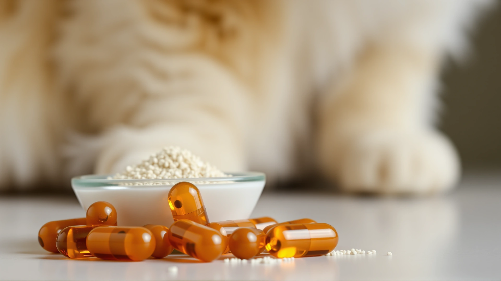 Close-up of cat-specific probiotic capsules and powder next to a small dish, with cat silhouette blurred in background, no text.