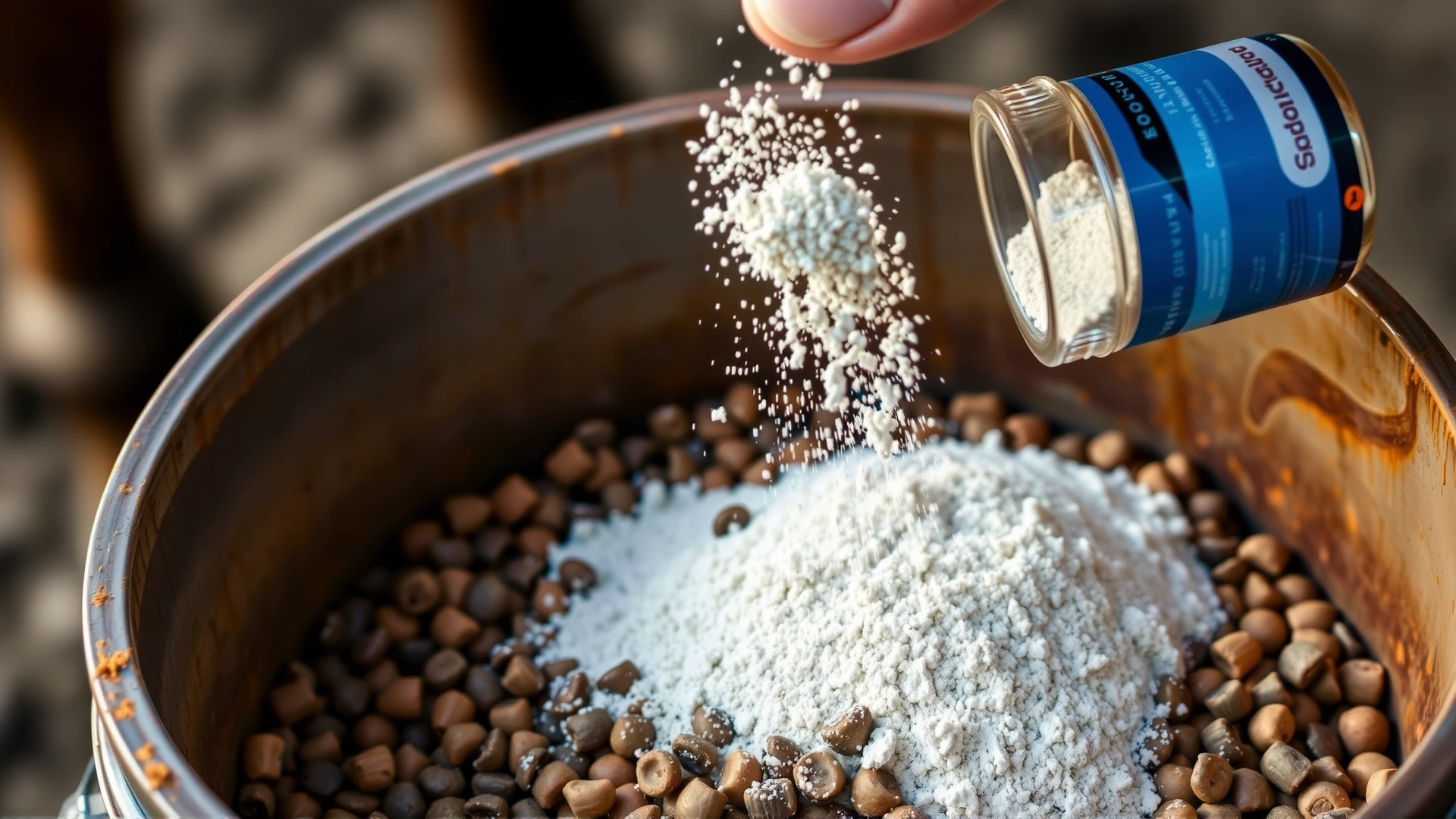 Powdered probiotic supplement being sprinkled onto a portion of horse feed in a bucket, showcasing microbiome support therapy.