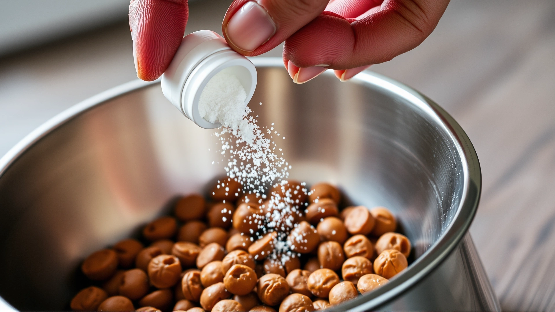 Close-up of a hand sprinkling probiotic powder over dog food in a stainless bowl.