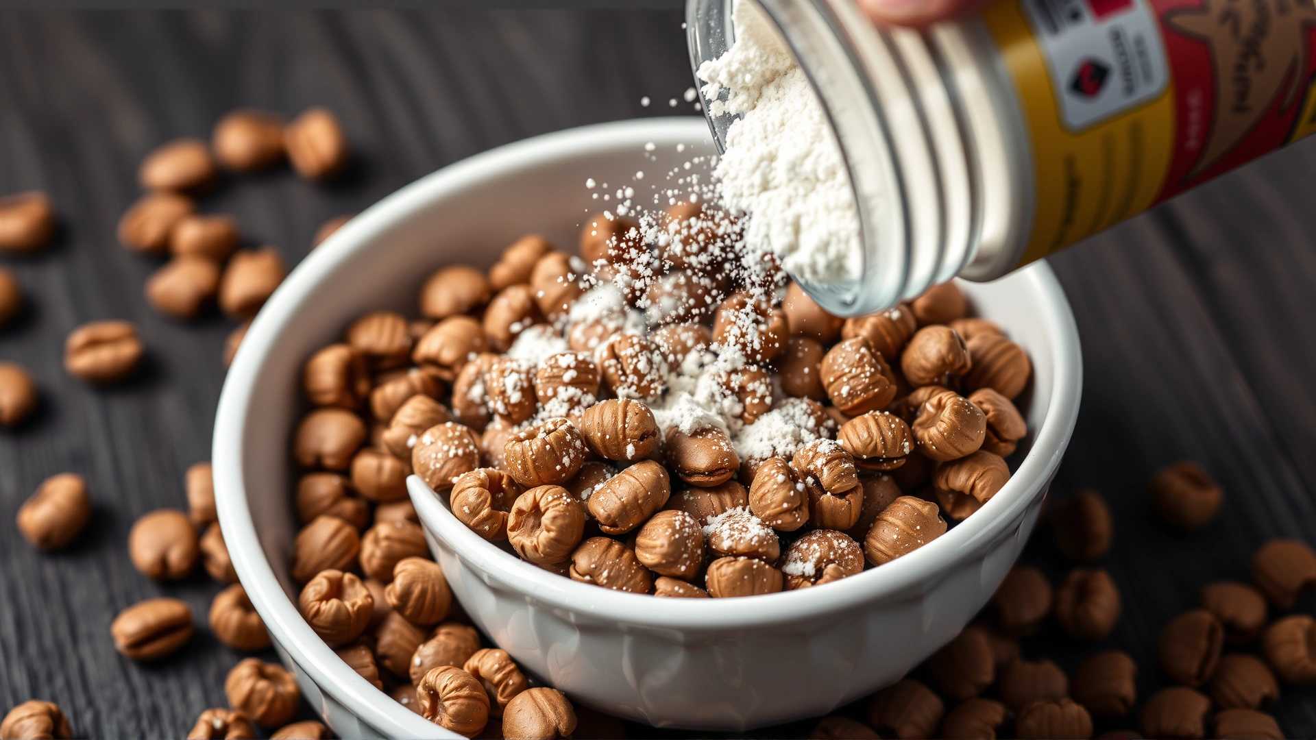 Macro shot of probiotic powder being sprinkled over a bowl of dog kibble, illustrating easy administration
