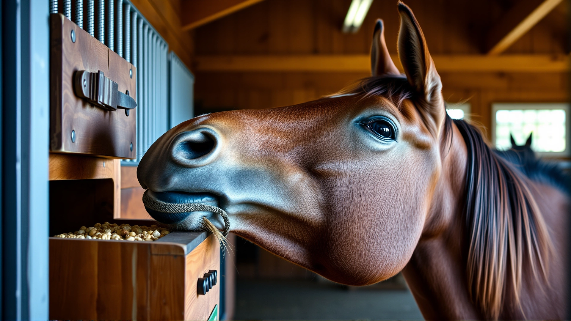 A curious horse using its muzzle to open a simple latch on a wooden treat box in a barn.