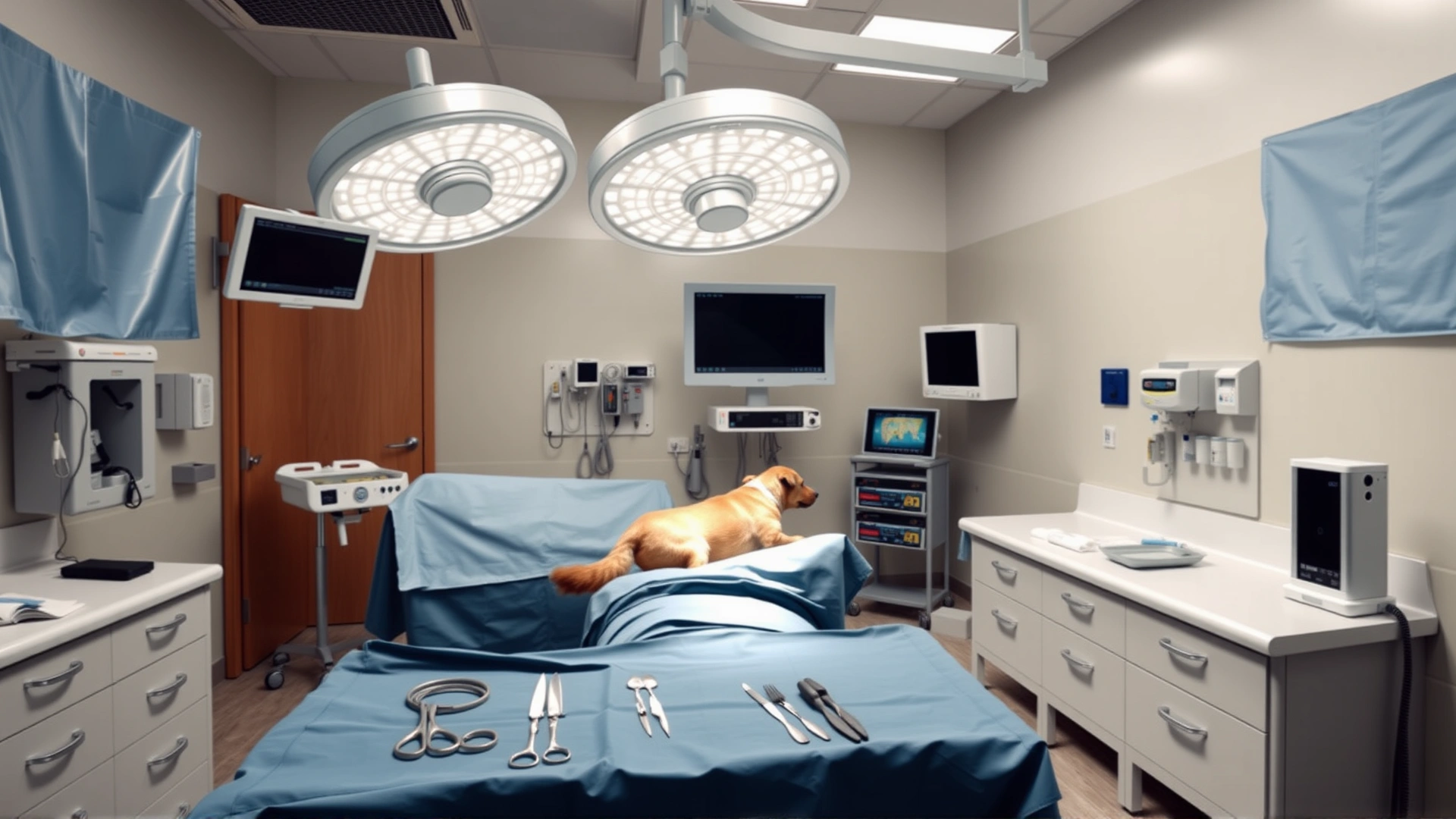 Wide-angle shot of a sterile veterinary surgical room prepared for a canine C-section, with surgical tools neatly arranged and monitoring equipment visible, no text.