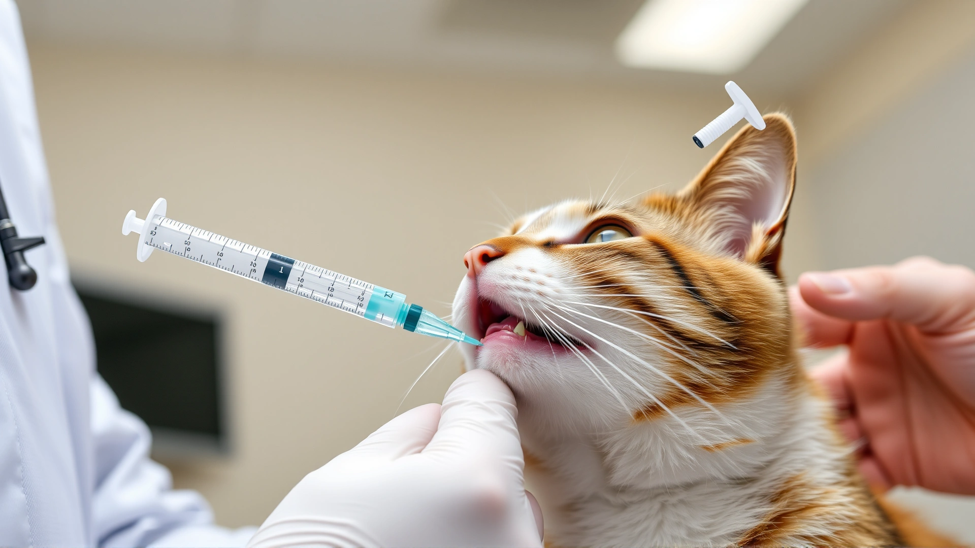 Close-up of a veterinarian administering an oral syringe of medication to a cooperative cat inside a bright exam room.