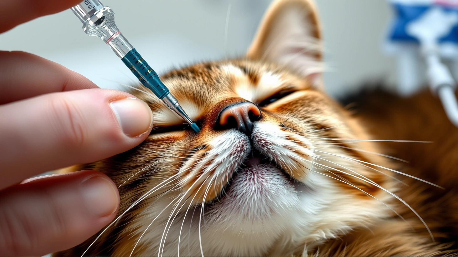 Close-up photo of hands inserting a butterfly needle into the scruff of a relaxed cat, with the fluid bag visible in the background.