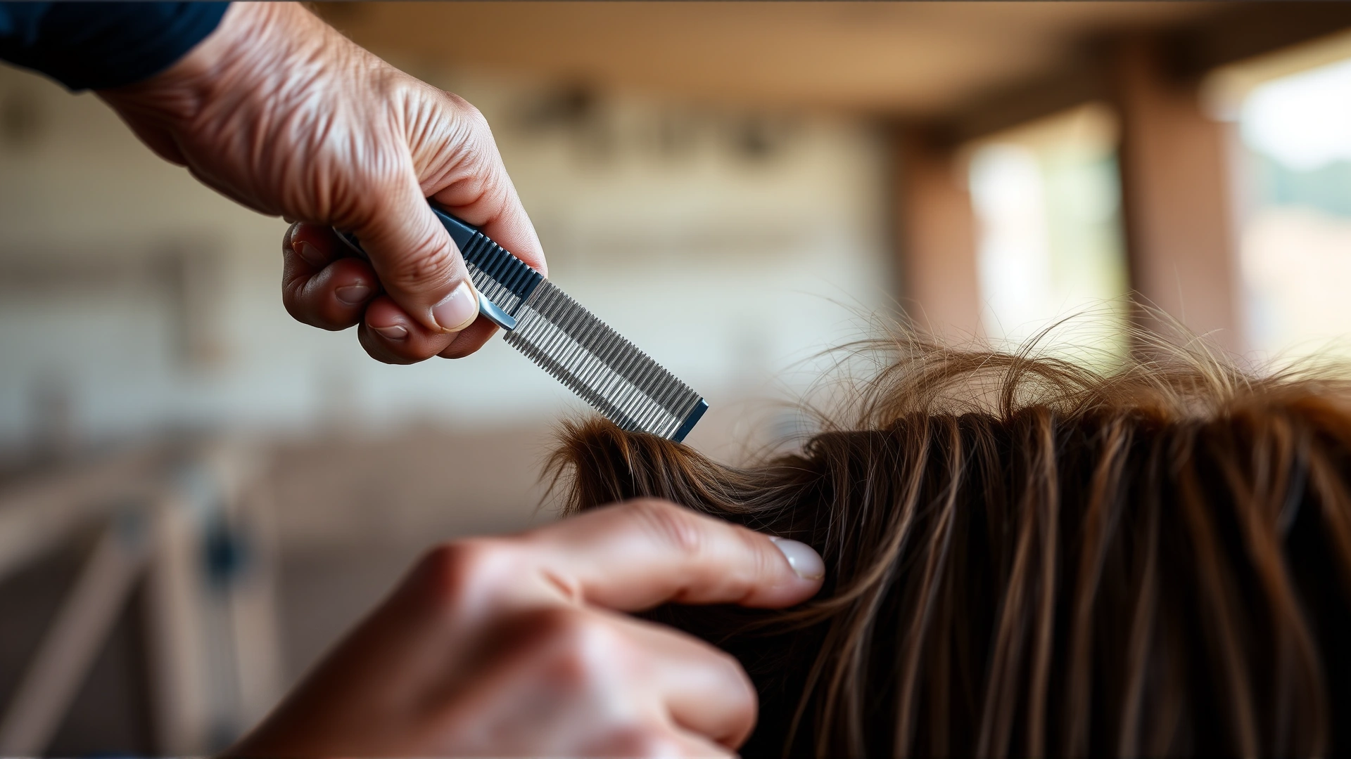 Close-up of hands using a pulling comb to remove a small section of a horse's mane, blurred stable background