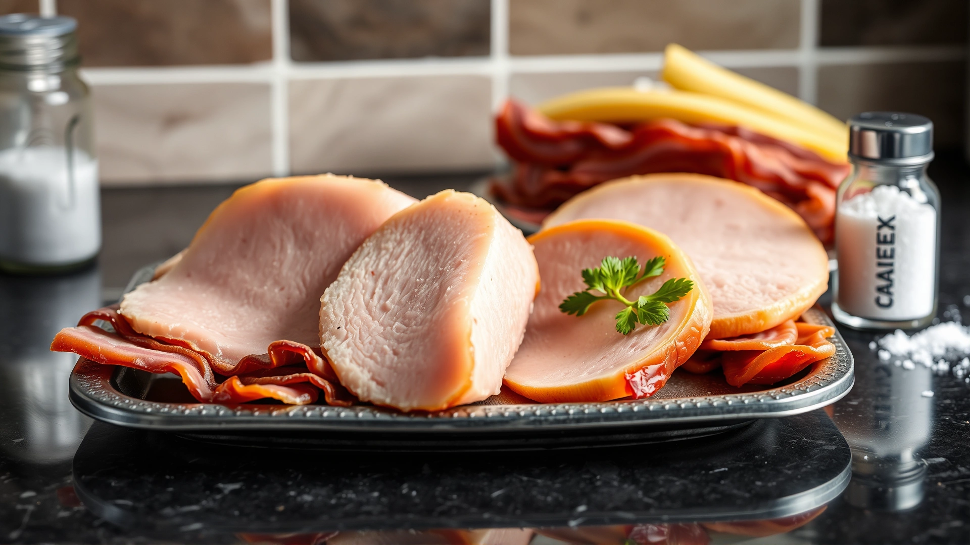 Packaged deli turkey slices and turkey bacon on a countertop beside a salt shaker to highlight high sodium content