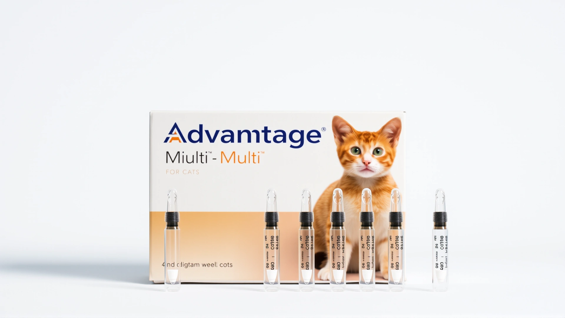 High-resolution studio photograph of Advantage Multi for Cats box with individual pipettes arranged in front, white background