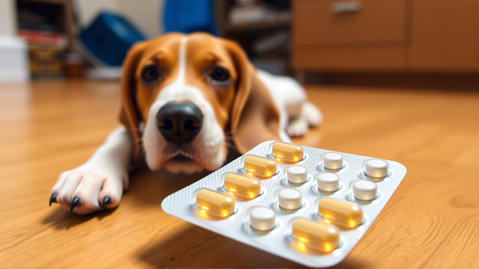 Small blister pack of Antinol Rapid capsules in focus with a senior beagle sitting in the background.