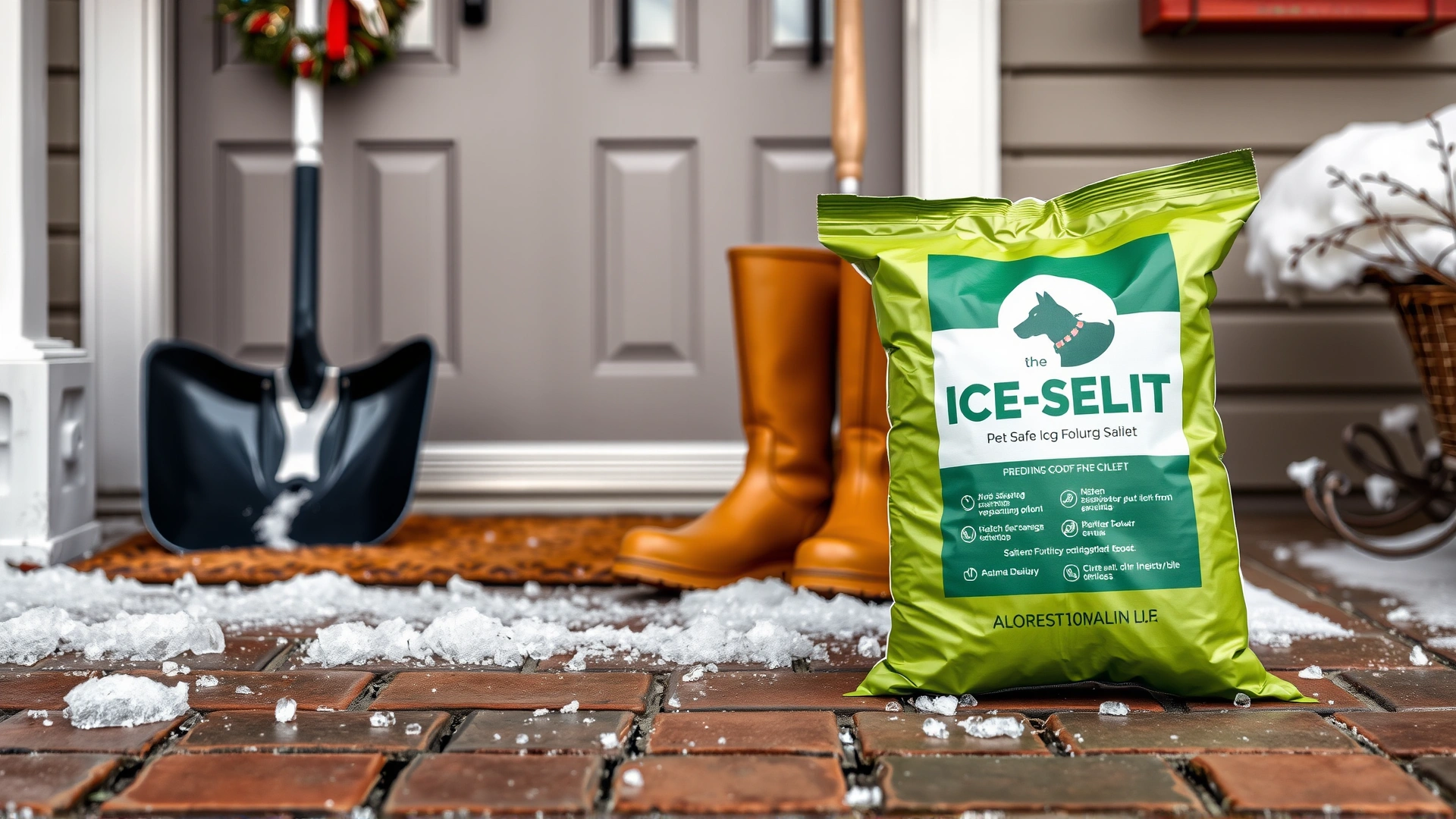 Bag labeled pet-safe ice melt placed next to a shovel and winter boots at a house entrance