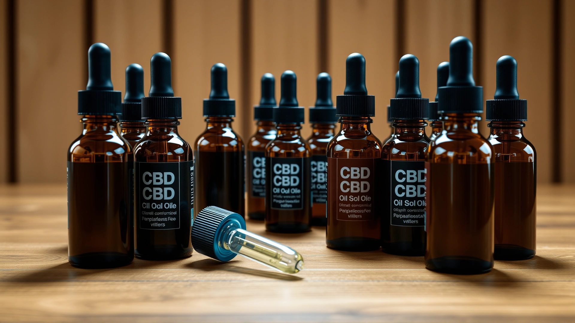 Neatly arranged assortment of unlabeled amber CBD oil bottles with dropper caps on a wooden surface, bright studio lighting