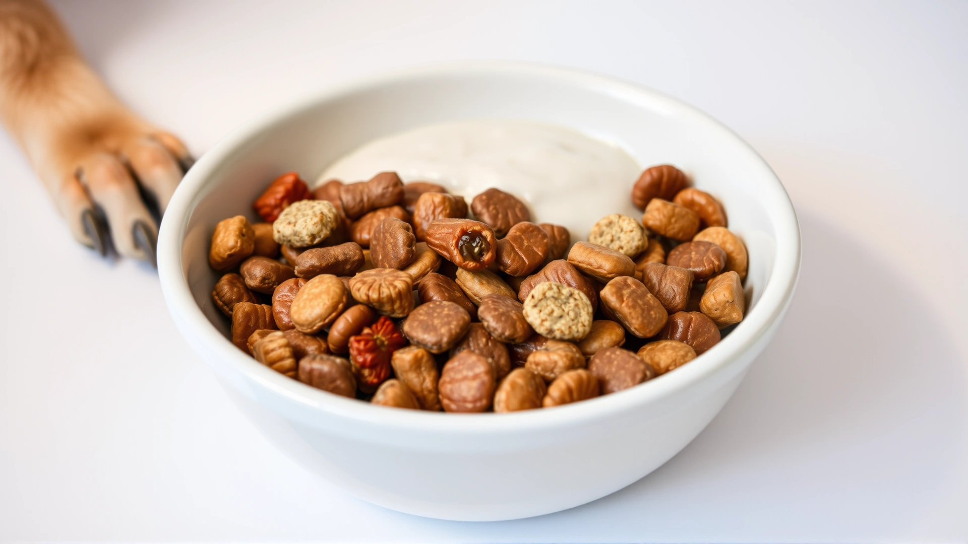 Close-up of a ceramic bowl filled with prescription kidney diet kibble and wet food mix, placed on a clean white countertop