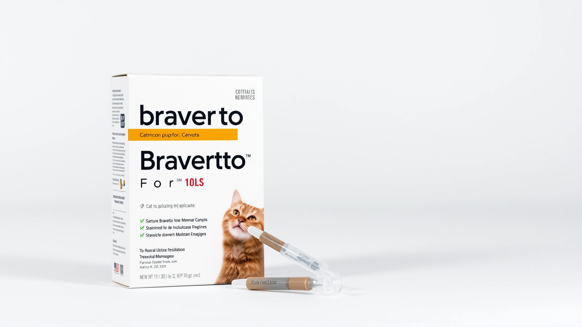 High-resolution studio shot of Bravecto Plus for Cats packaging standing upright next to two applicators, white backdrop, even lighting