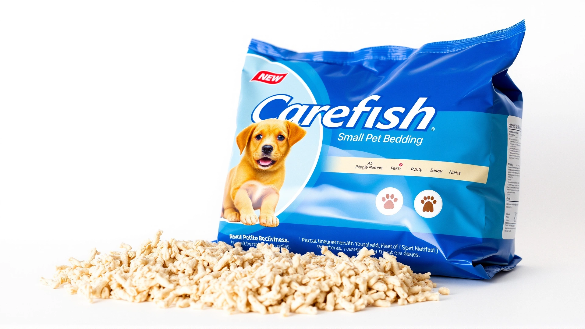 Stand-alone photo of a Carefresh Small Pet Bedding package with some bedding spilled in front, on a white background