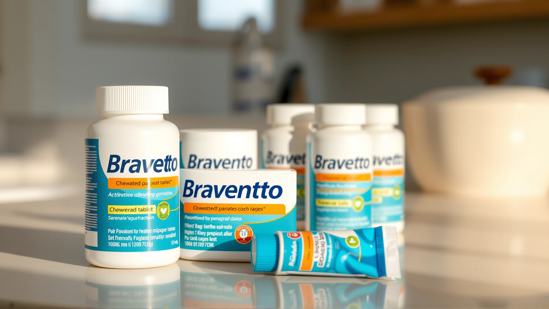 Macro shot of Bravecto chewable tablets and topical tubes neatly arranged on a clean counter with soft natural lighting